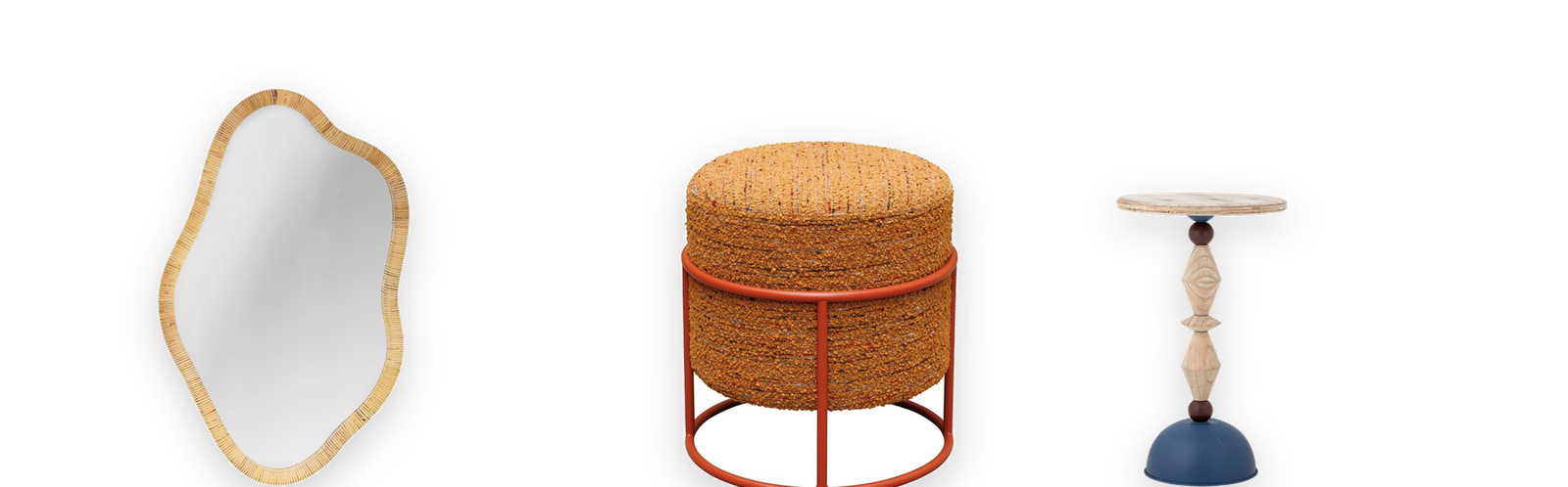 A rattan wall mirror, a boucle stool, and a side table from the GardenGox collection