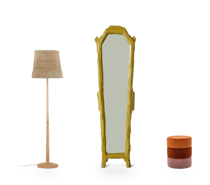 A rattan floor lamp, an antique style floor mirror and a velour pouf shown at their true relative sizes