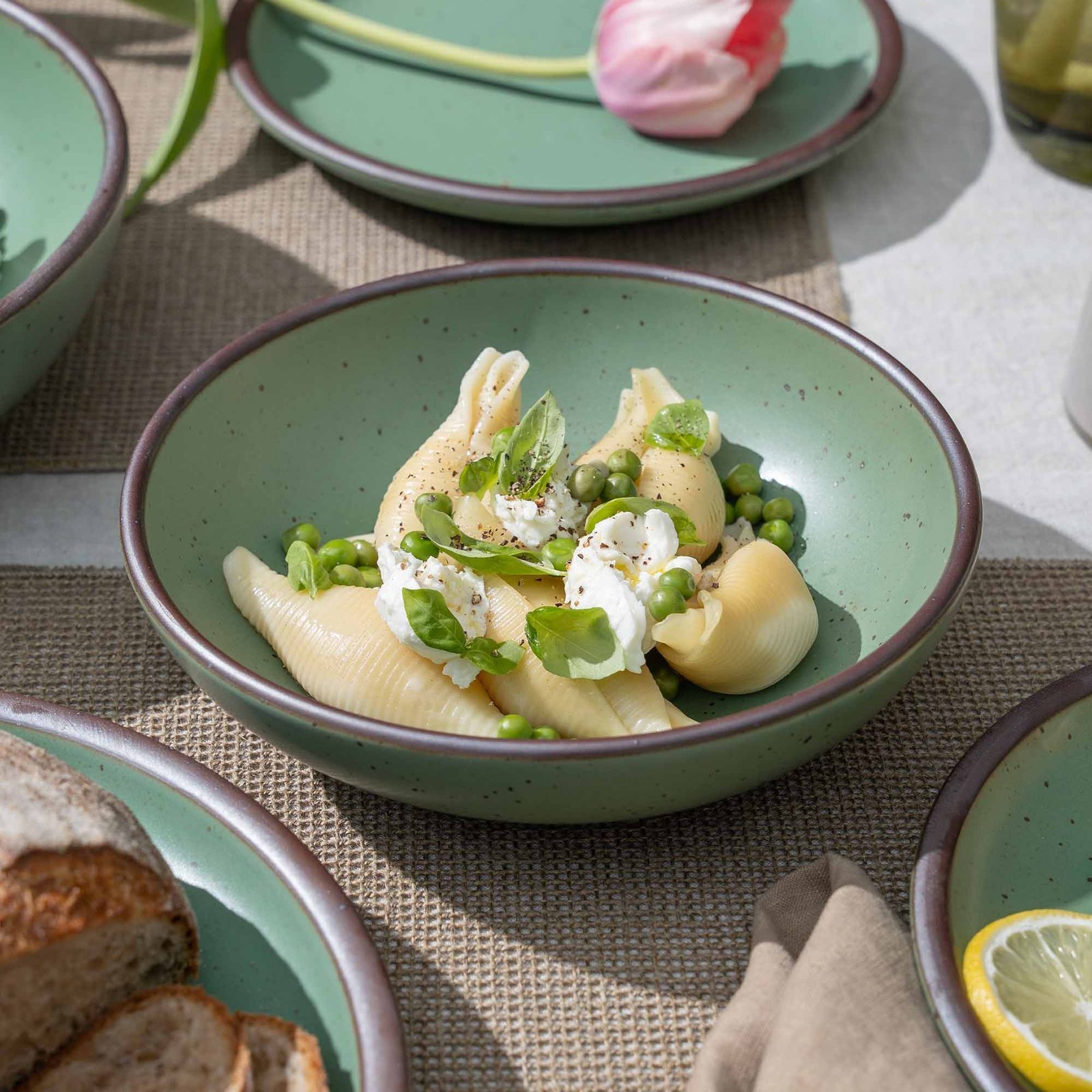 gardengox daily bowl in Viridian, shown with pasta in a table setting